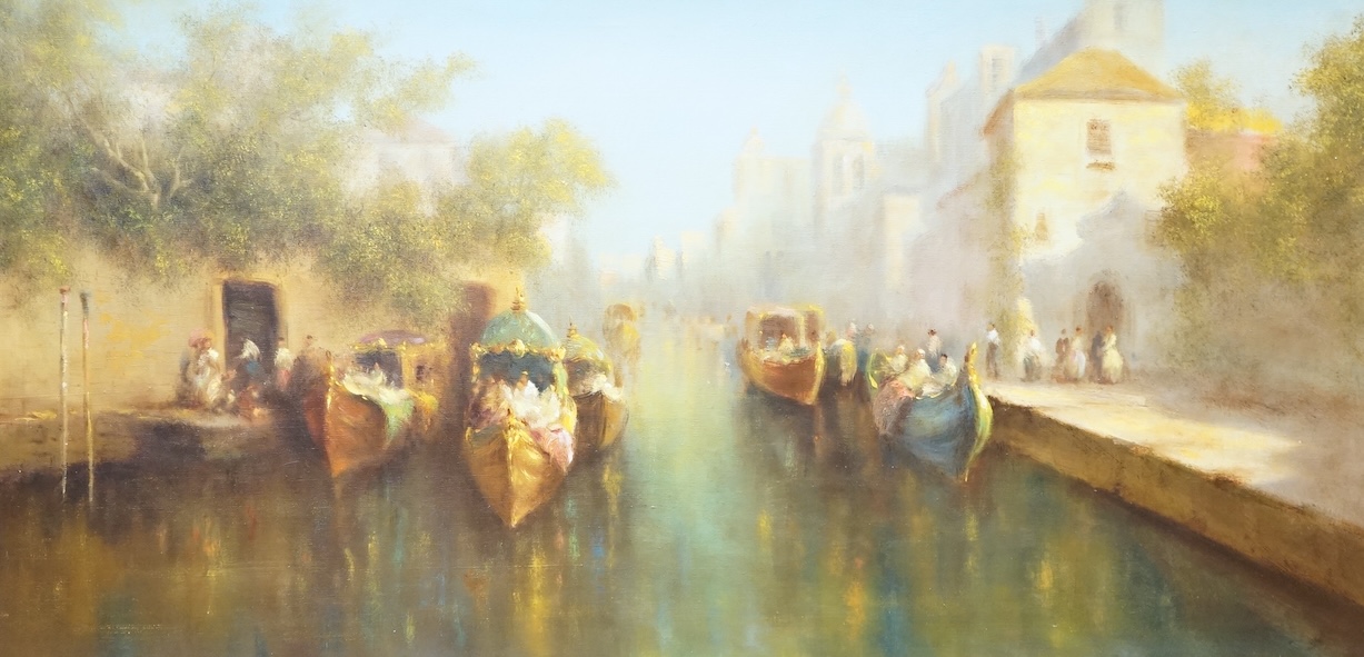 Contemporary decorative oil on canvas, Venetian canal scene, unsigned, 60 x 121cm
